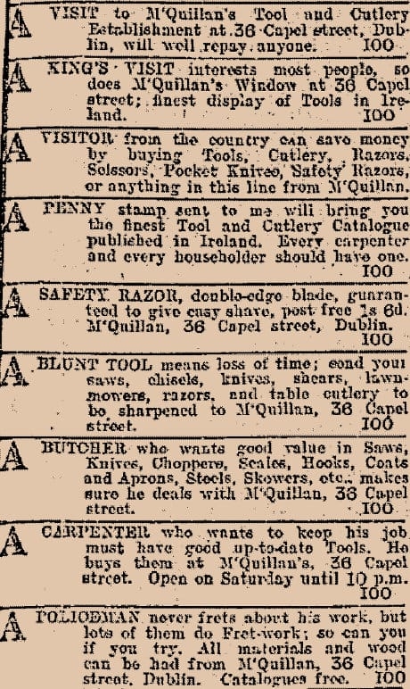 Advertisement for McQuillan’s Tool and Cutlery Establishment.