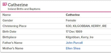 The (partial) transcript of the original birth record of Catherine, daughter of John and Ellen Purcell