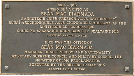 plaque placed at the site of Seán Mac Diarmada’s office at No. 12. D’Olier Street, Dublin