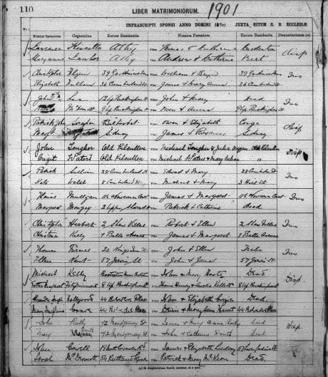 The marriage of Thomas Purcell to Ellen Kent in 1901.